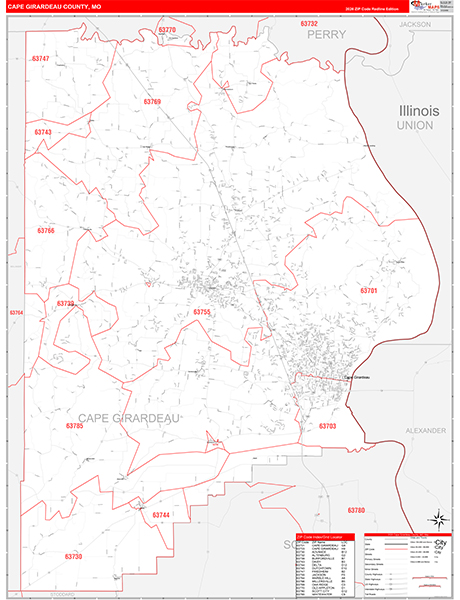Cape Girardeau County, MO Map Red Line Style